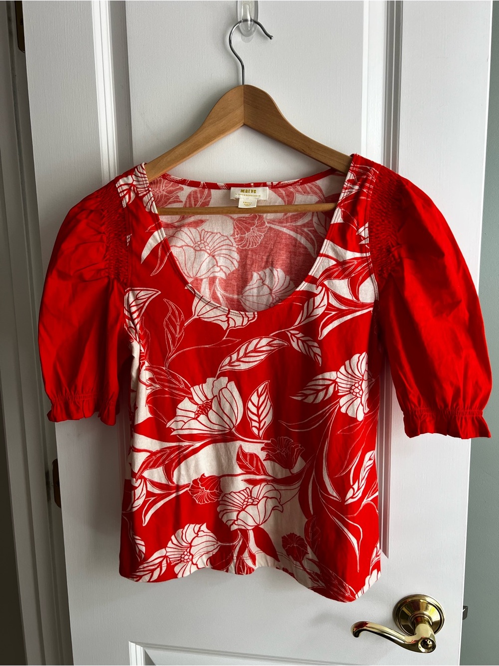 Maeve Anthropologie Red White Floral Puff Sleeve Smocked Top Boho Size S